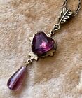 Vintage Necklace Art Nouveau Pendant Antique Amethyst Czech Rhinestone Heart