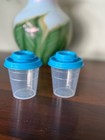 New Tupperware Midgets Mini Salt   Pepper Shakers Set Of 2  Clear   Aqua  blue  