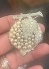 Vintage Rare Signed Crown Trifari Rhinestone Faux Pearl Leaf Branch Brooch