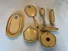 Art Deco 7-piece Vanity Set Cream Celluloid  Large Mirror  Boxes  Tray