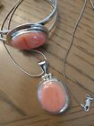 Mexico Sterling Silver 925 Oval Pink Agate Stone Cuff Bracelet Pendant Necklace
