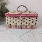 Vintage 1960s Woven Ivory Pink Floral Wicker Sewing Basket Box Silk Satin Lining