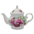 Pink Roses Floral Pattern White Ceramic Teapot 32oz