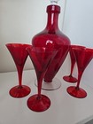 Vintage Cambridge Art Deco Ruby Red Glass Decanter   4 Trumpet Glasses