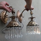 2 Sconce Brass Spelter Pond Water Lily Vintage Lamp Hanging Beaded Lantern Old 