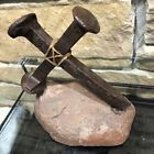Railroad Spike Cross Mounted On Sedona Rock Iron Heavy Signed Art Stunning Ooak