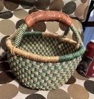 Bolga Market Basket   Hand Woven Multicolor With Leather Wrapped Handle 9   