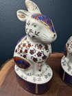 Vintage Japanese Kutani Style Porcelain Rabbit Pair Gold Cobalt Red Figures