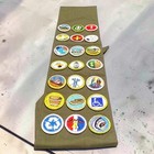 Vtg Bsa Boy Scout Merit Badge Sash Olive Green 21 Sewn Patches 1970s 1980s Rare