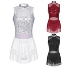 Womens Skirt Competition Costume Sequins Leotard Shiny Dancewear Vintage Dress