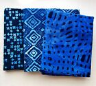 Blue Cotton Patterned Batik  Fabric Quilting   Craft Lot Of 3