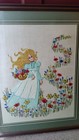 Vtg Handmade Bucilla Crewel Girl   Flowers  serenity  17x24 Framed   Mat