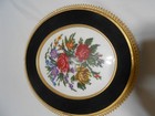 Vintage Oval Flower Tapestry Wall Hanging Picture In Black Felt Gold Trim Glass