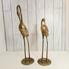 Vintage Mcm Solid Brass Standing Cranes Birds Heron Pair Sculpture Patina