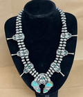 Squash Blossom  925 Sterling Silver Turquoise Navajo Pearl Beaded Necklace