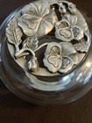Vintage Glass Vanity powder trinket Jar With Pewter Floral Cutout Lid