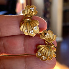 Vintage Clip-on Gold Plated Textured Leaf Climber Micro-crystal Earrings 1950s