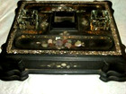 French Victorian Inkwell Inlay Mop Paper Mache Gilt Large 1890s Double Wells
