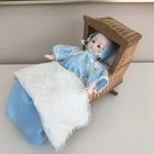 Vintage Wicker Rocking Dolls Cot Cradle   Crib With Doll   Bedding