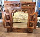 Vintage Carved Asian Teak Wood Wall Mirror With Shutter Doors 31 1 2  X 35 