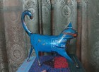 Vintage Folk Art Primitive Sculpture Delicious Blue Cat Arte Povera Decor Design