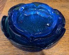 Vintage Cobalt Blue Lotus Glass Ashtray Pebble Textured Mcm Set Of 3 All Vg