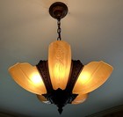 Antique Puritan Art Deco Slip Shade Chandelier Ceiling Fixture 5 Bulb Light