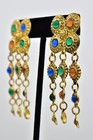 Vintage Nos Multicolor Cabochon Chandelier Clip On Earrings Antiqued Gold 80s