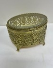 Vintage 24k Gold Plated Ormolu Glass Top Casket Jewelry Trinket Box