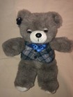 Vtg Applause Gray Dreamy Eyes Bear 14    Plaid Vest Stuffed Animal Plush Winks