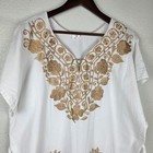 White With Gold Embroidery Kaftan Summer Casual Maxi Dress Elegant Cotton Sz Xxl