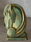 Vintage Jade Green   Metallic Gold Verdigris Ceramic Horse Head Television Lamp