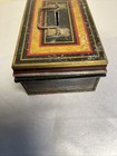 Antique    chad Valley    Harborne Metal Cash Box Safe English Red  Black   Gold