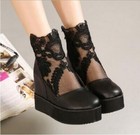 Women s Fashion Platform Hidden Wedge High Heels Lace Boots Mesh Back Zip Shoes