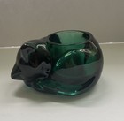Indiana Glass Sleeping Cat Votive Tea-light Emerald Green  Candle Holder Clean