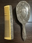 Vintage Ornate Vanity Hair Brush   Comb Set Silver Tone Celluloid Dresser Set