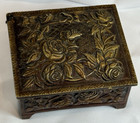 Vintage Ornate Cast Bronze Footed Hinged Trinket Box W  Repousse Roses