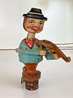 Vintage Anri Italy Wooden Mechanical Wine Bottle Stopper Cork Man Violin