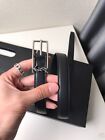 Yves Saint Laurent Black Leather Belt Silver Plated Ysl Logo Buckle Size 85 Cm