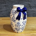 Vintage Portuguese Ceramic Vase Blue And White Hand Painted Floral Pattern 1990s