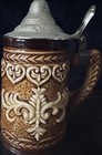 Brown   Tan German-style Relief Lidded Beer Stein W  Pewter Thumb Lift Lid