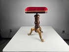 Vintage Piano Stool Red Upholstered Seat Wood Pedestal Gold Metal Legs Vanity