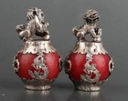 A Pair Chinese Old Tibet Silver Hand Carved Armor Jade Dragon Lion Statue