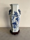Large Antique Chinese Blue   White Hexagonal Porcelain Vase With Wood Stand