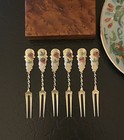 Set 6 Rare Sterling Silver Strawberry Forks Enamel Gold Wash American 4 4    C1900