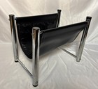 Vintage 70s Mid Century Modern Faux Black Leather   Chrome Magazine Rack Sling