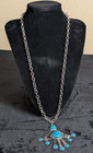 Vtg  Faux Turquoise Silver Tone Squash Blossom Fan Pendant Necklace Chunky Chain