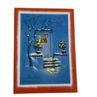 Vintage Mid Century Christmas Greeting Card Blue Doorway Winter Tree Snowy Step