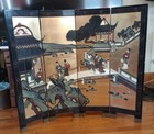Asian Chinese Black Lacquer Beautiful Women Lotus 4 Panel Screen Room Divider 