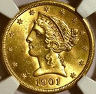 1901-s  5 Liberty Gold Coin - Ngc Certified - Ms63
